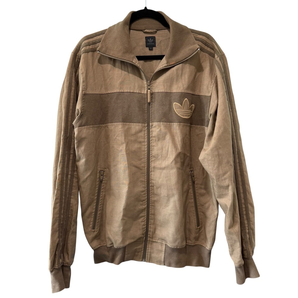 Adidas Originals Mens Linen Cotton Track Jacket Tan Brown Trefoil Medium